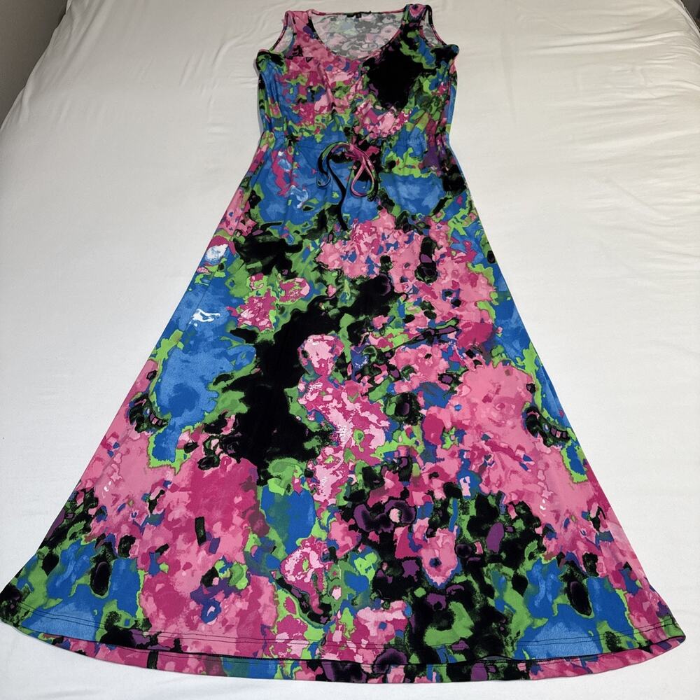 Twiggy London Colorful Maxi Dress Drawstring Waist Sleeveless Stretch Size S EUC